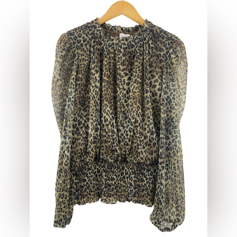 Joie Women’s Sheer Leopard Print Blouse Size L Long Sleeve Smocked Boho